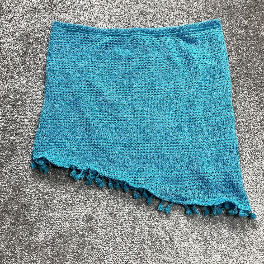 Shein Curve Asymmetric Skirt Womens 4XL Light Blue Crochet Knit Fringed Short